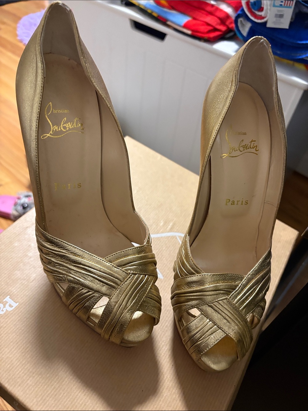 Christian Louboutin Metallic Gold Peep-Toe Woven Satin Heels